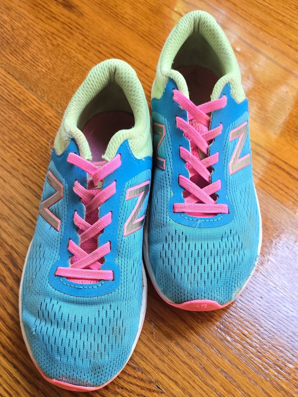 New Balance Kids Teal Sneakers with Pink Laces and Lime Trim